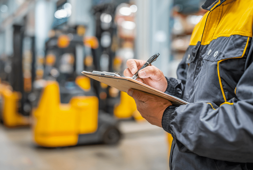 Forklift operator inspecting equipment before forklift lease ends